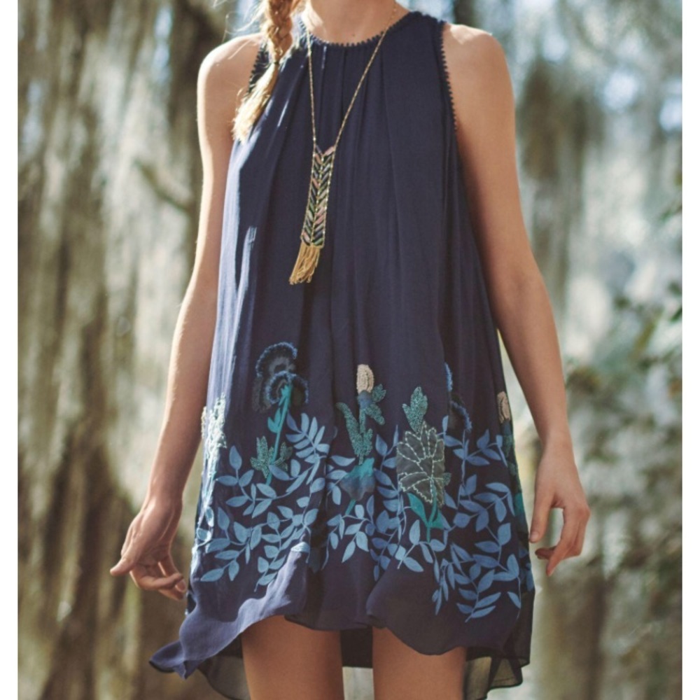 Anthropologie blue crepe embroidered dress